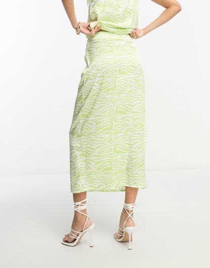 In The Style satin midi slip skirt in lime swirl print