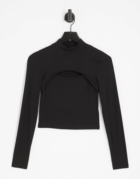 Stradivarius long sleeve cut out top in black