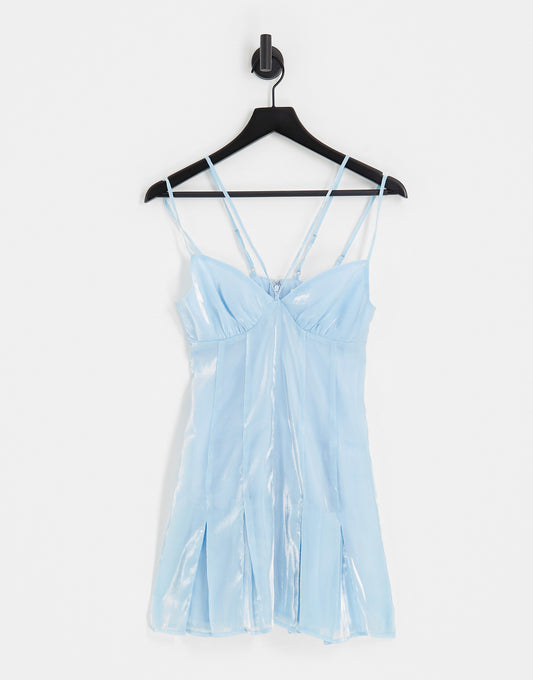 Labelrail x Lara Adkins shimmer pleated mini dress in blue