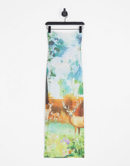 Labelrail x Lara Adkins woodland print bodycon bandeau maxi dress in multi