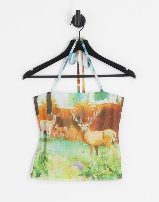 Labelrail x Lara Adkins woodland print mesh halter top co-ord in multi