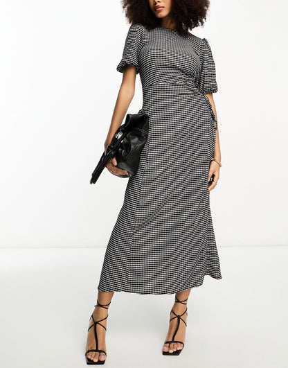 ASOS DESIGN puff sleeve smock midi dress with cut out side in mono check