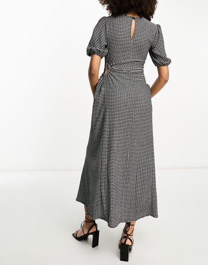 ASOS DESIGN puff sleeve smock midi dress with cut out side in mono check