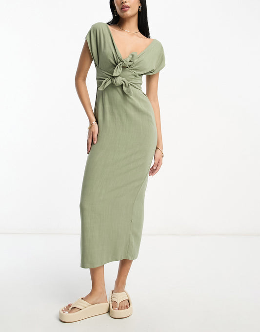 ASOS DESIGN v-neck linen double bow detail pencil midi dress in khaki