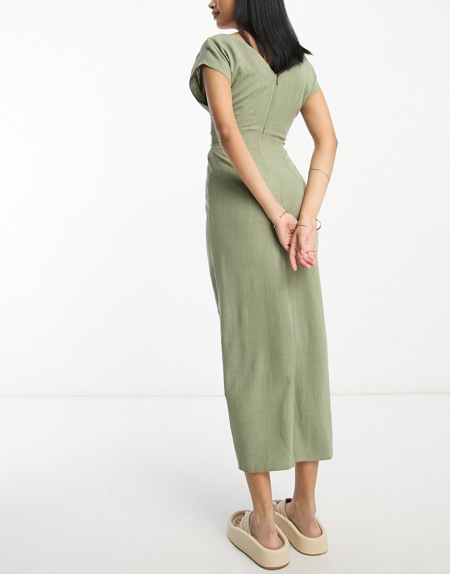 ASOS DESIGN v-neck linen double bow detail pencil midi dress in khaki