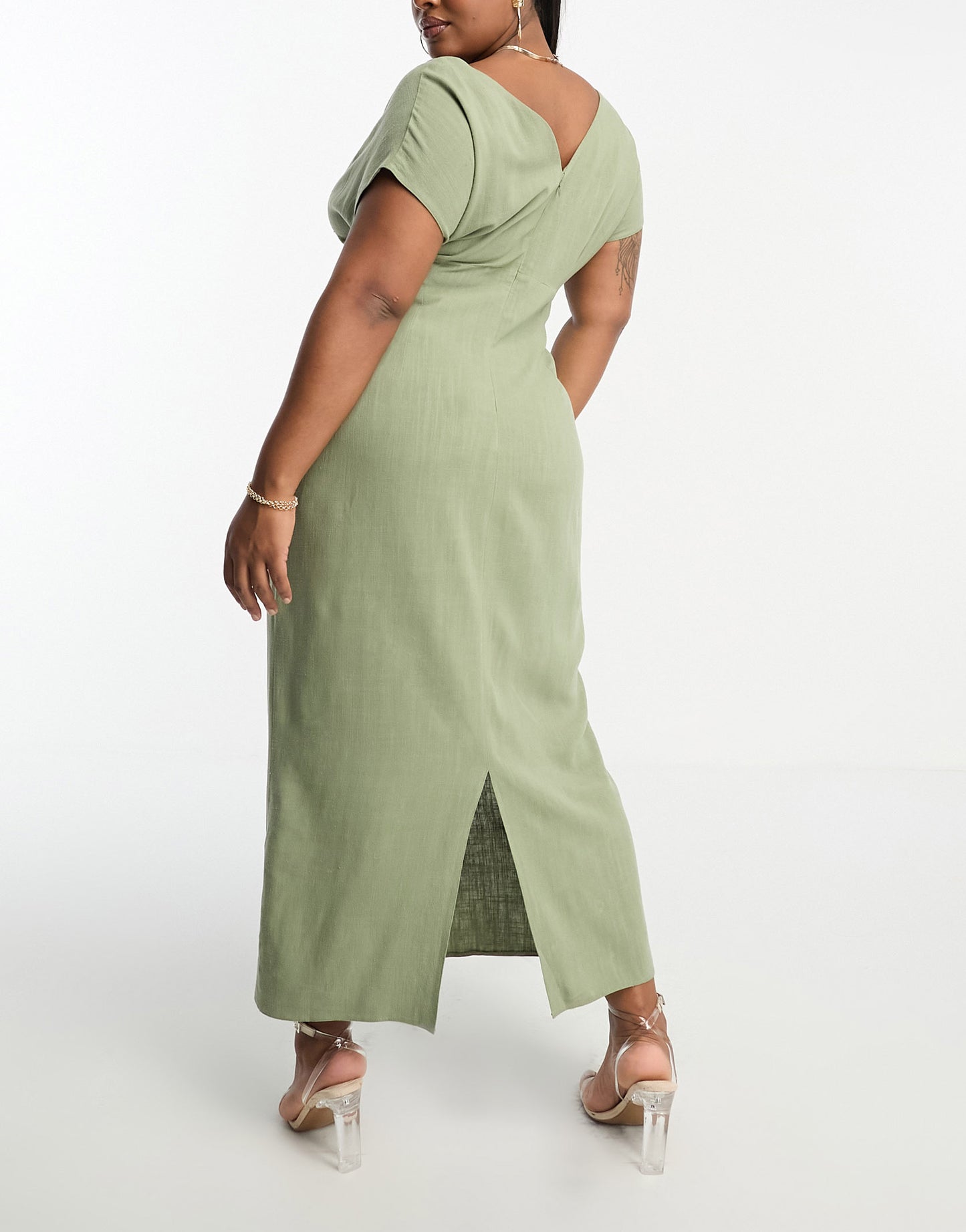 ASOS DESIGN Curve v-neck linen double bow detail pencil midi dress in khaki