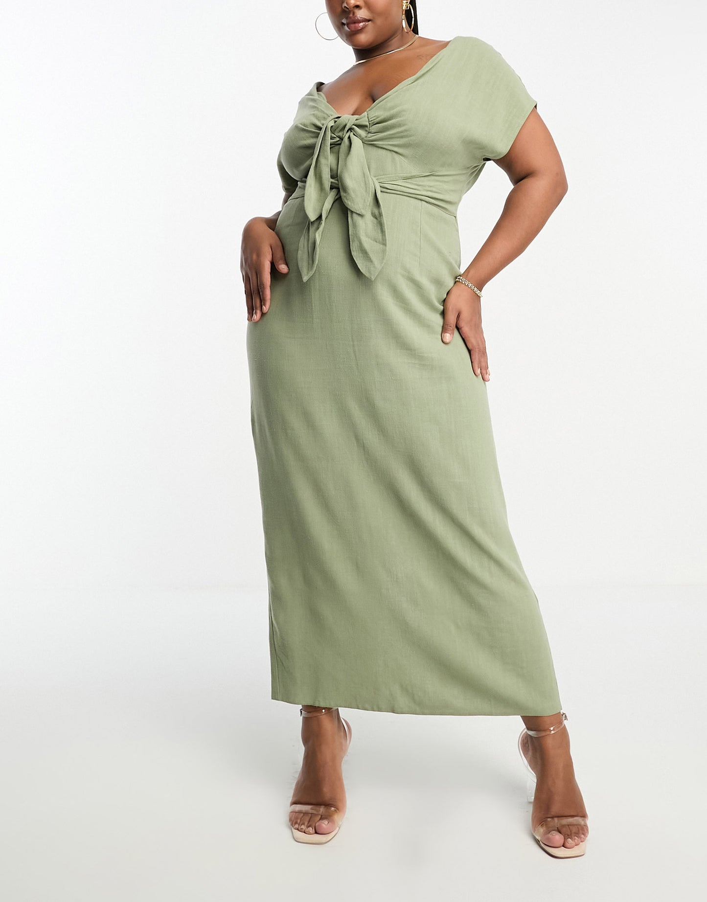 ASOS DESIGN Curve v-neck linen double bow detail pencil midi dress in khaki