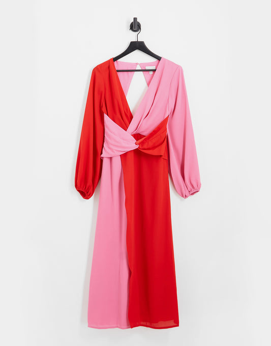 Pretty Lavish knot front contrast midaxi dress in pink and red