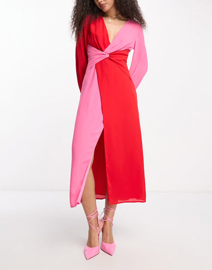 Pretty Lavish knot front contrast midaxi dress in pink and red