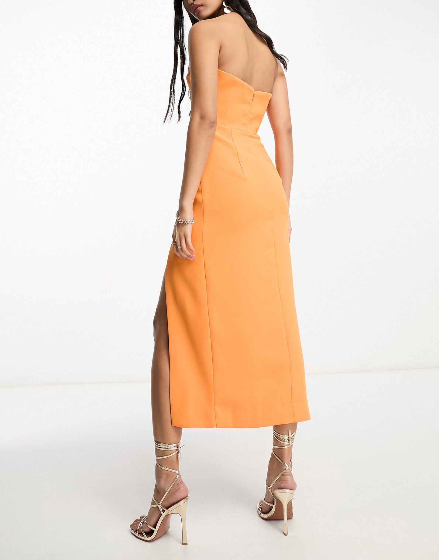 Bardot Brisa bandeau midi dress with split in orange