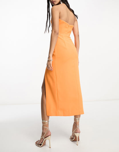 Bardot Brisa bandeau midi dress with split in orange