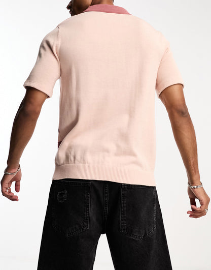 River Island border blocked long sleeve polo shirt In pink