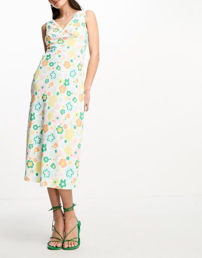 Glamorous 90s midi shift dress in retro spring floral