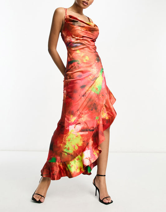 Rare London satin cowl neck ruffle thigh split maxi dress in red blur print