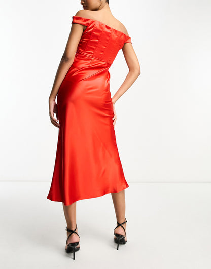 Rare London satin bardot corset detail midi dress in red