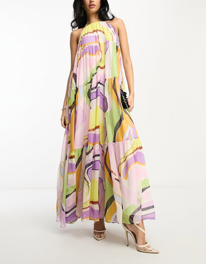 ASOS DESIGN channel detail halter neck trapeze tiered maxi dress in abstract print