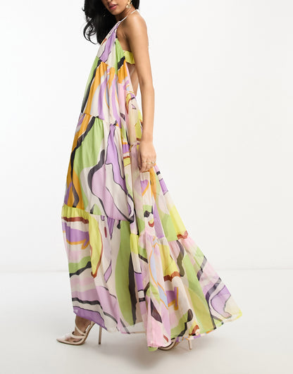 ASOS DESIGN channel detail halter neck trapeze tiered maxi dress in abstract print