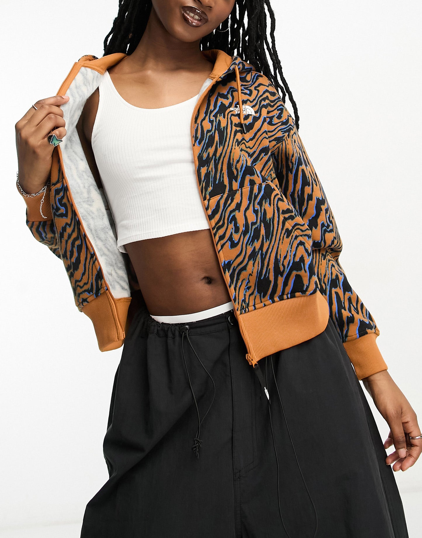 The North Face Essential cropped zip up hoodie in brown marble print Exclusive at ASOS