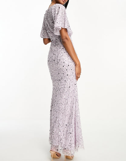 Beauut Tall Bridesmaid embellished maxi dress with flutter sleeve in lilac