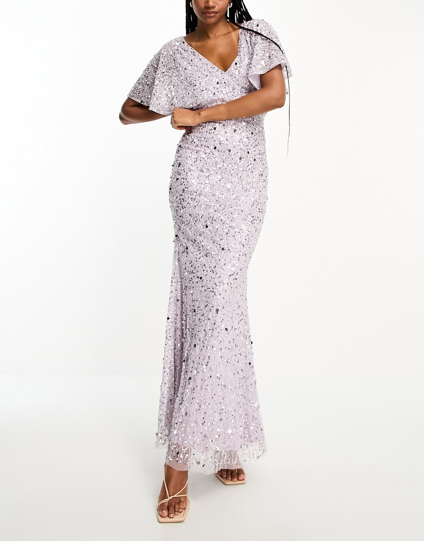 Beauut Tall Bridesmaid embellished maxi dress with flutter sleeve in lilac