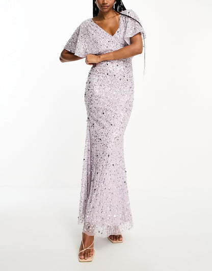 Beauut Tall Bridesmaid embellished maxi dress with flutter sleeve in lilac