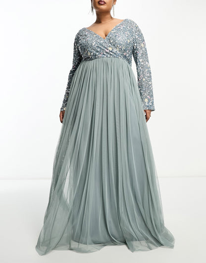 Beauut Plus Bridesmaid wrap front maxi dress with mutli coloured embroidery and embellishment in misty green