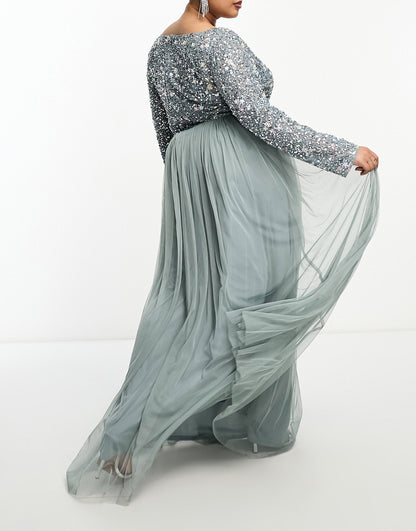 Beauut Plus Bridesmaid wrap front maxi dress with mutli coloured embroidery and embellishment in misty green