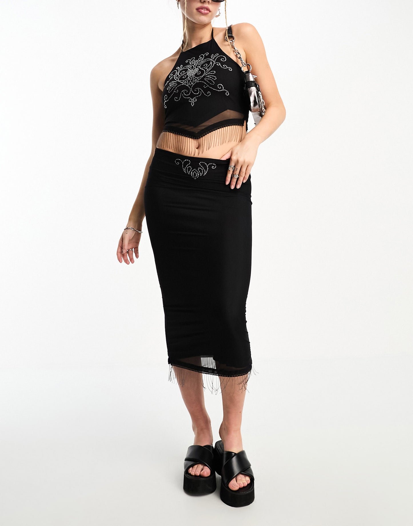 Tammy Girl tassle midi skirt with rhinestones co-ord in black