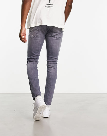 Jack & Jones Intelligence Liam super stretch skinny fit jeans with rip and repair in grey wash