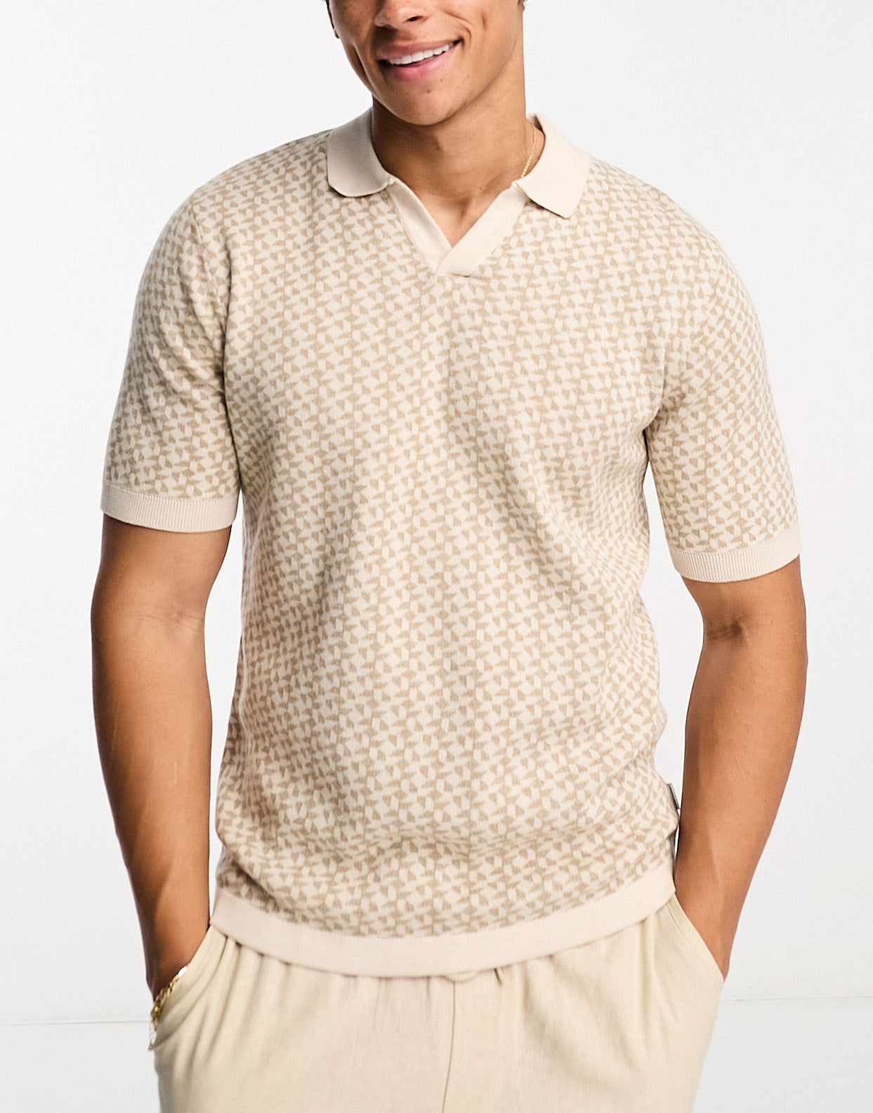 Jack & Jones Premium textured revere knitted polo in beige