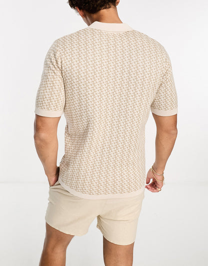 Jack & Jones Premium textured revere knitted polo in beige