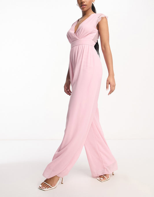 TFNC Bridesmaid lace back jumpsuit in pale pink