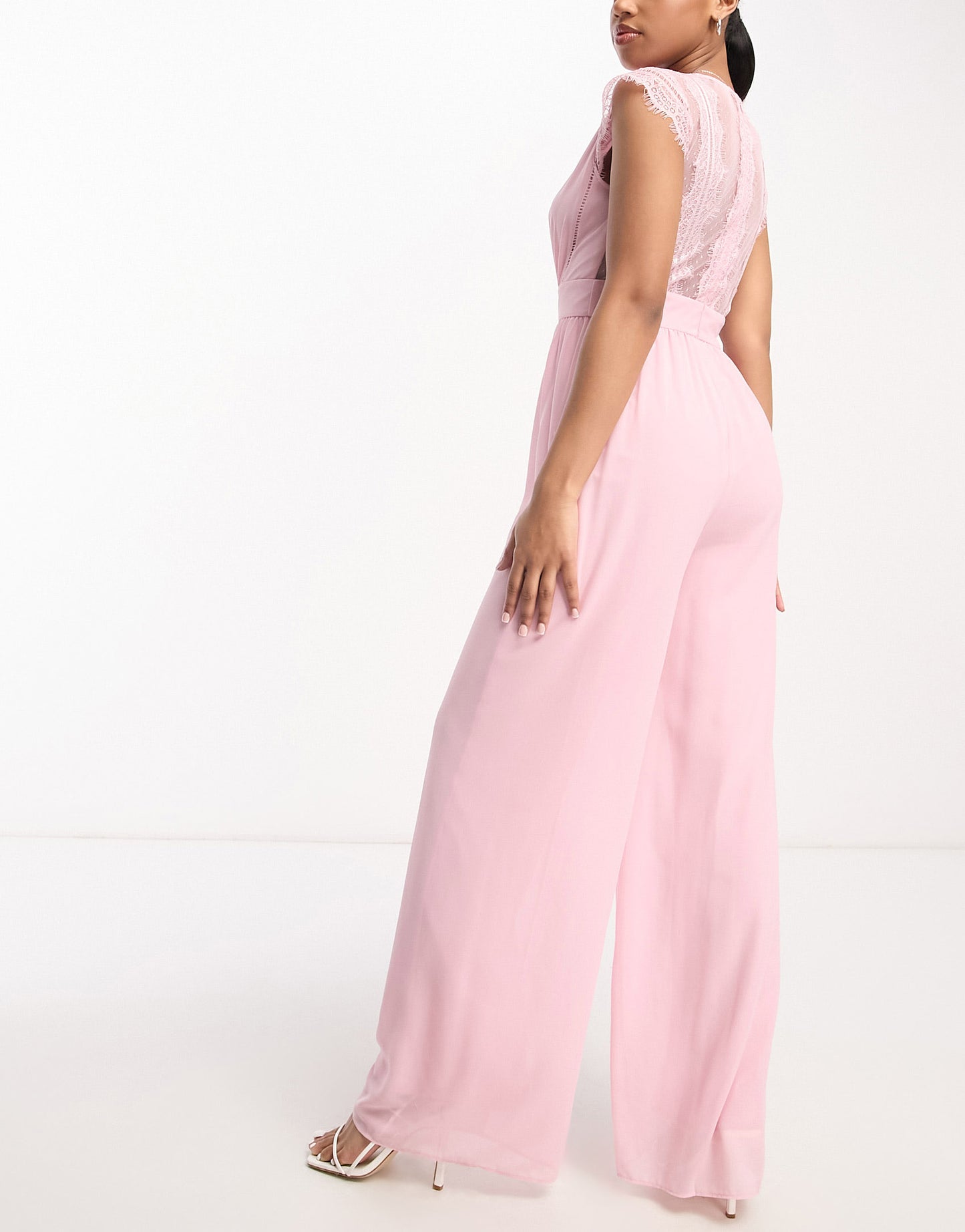 TFNC Bridesmaid lace back jumpsuit in pale pink