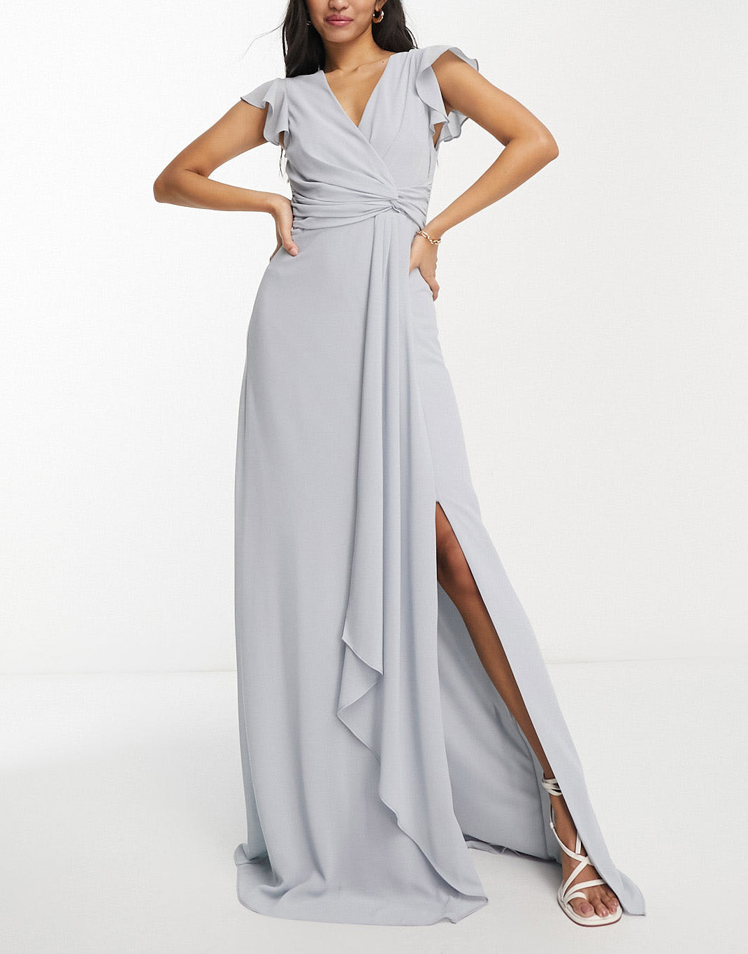 TFNC Bridesmaid flutter sleeve maxi dress in grey