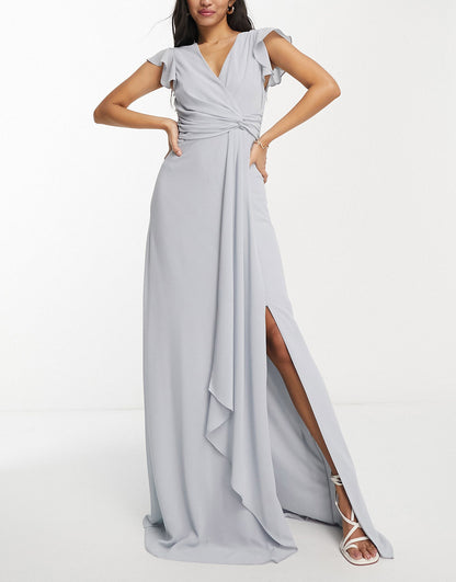 TFNC Bridesmaid flutter sleeve maxi dress in grey