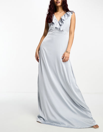 TFNC Bridesmaid frill detail maxi dress in grey