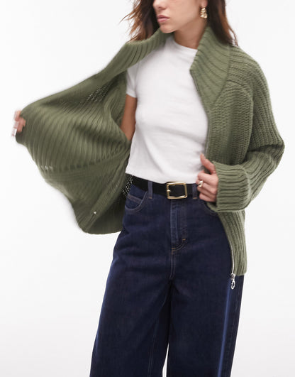 Topshop knitted chunky funnel zip cardi in green