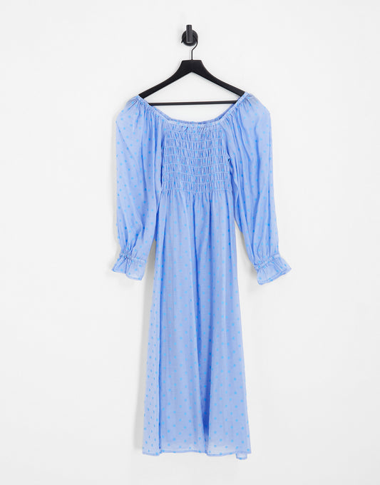 Y.A.S shirred bodice smock midi dress in blue dobby mesh