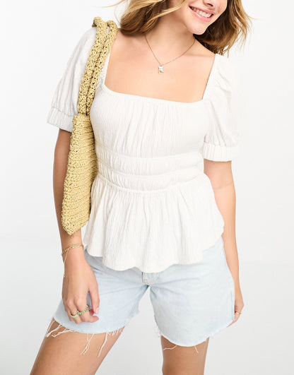 ASOS DESIGN puff sleeve textured smock blouse in white