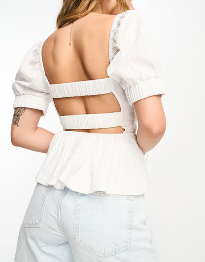 ASOS DESIGN puff sleeve textured smock blouse in white