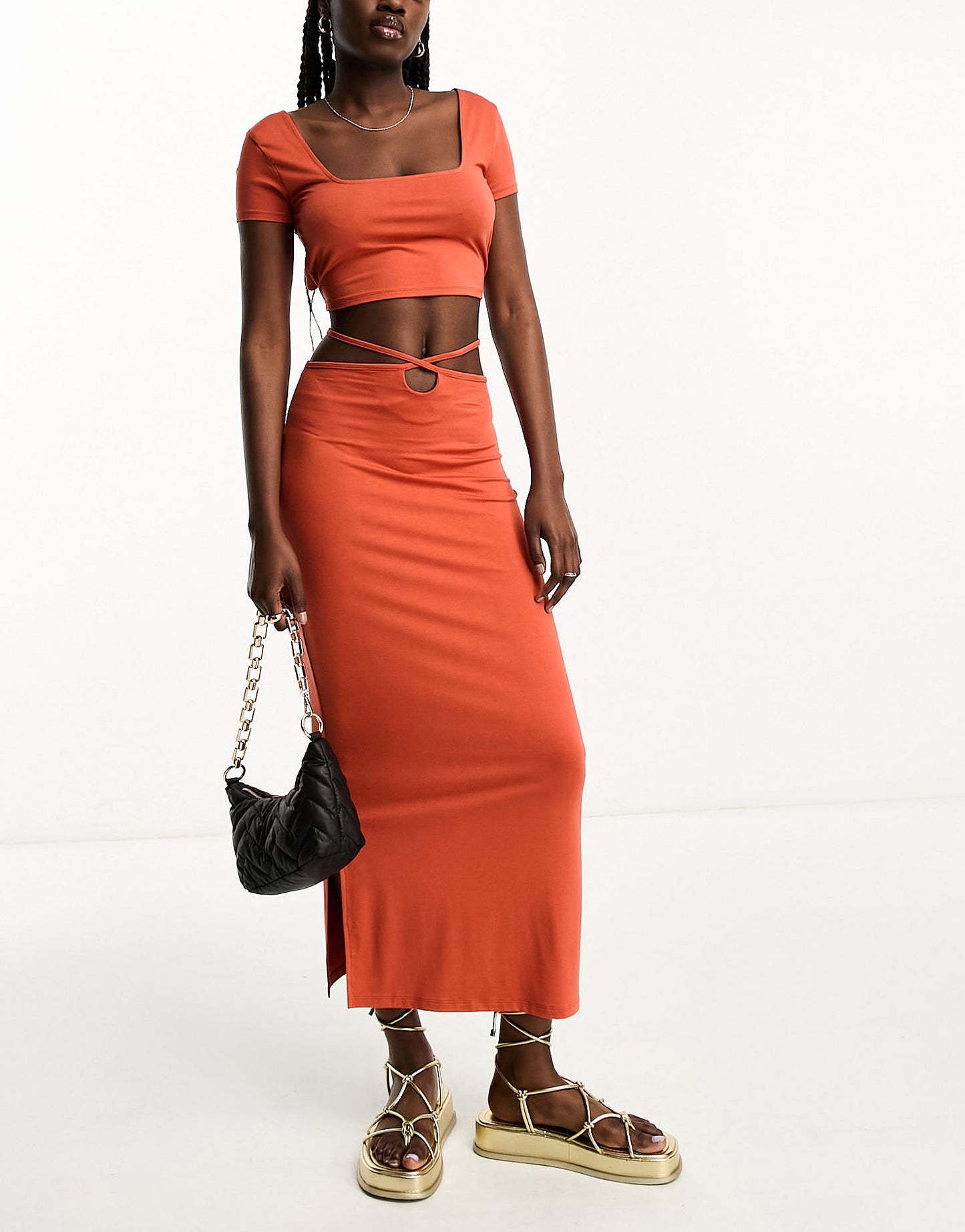 ASOS DESIGN co-ord tie waist midi skirt in rust