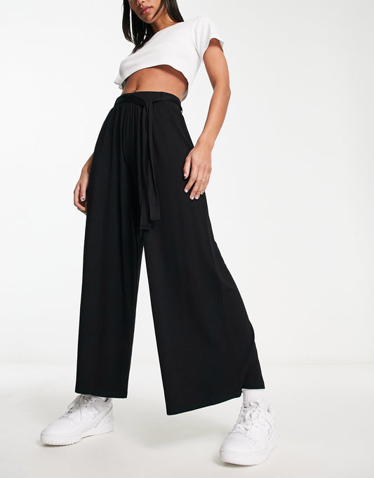 ASOS DESIGN tie belt wide leg trouser culottes in black