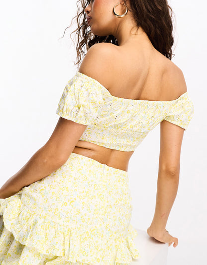 Collective the Label Petite bardot crop top co-ord in ditsy lemon floral