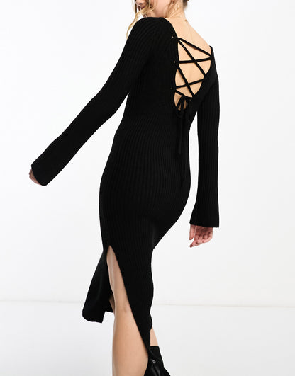 Miss Selfridge fitted knit lattice back maxi dress in black