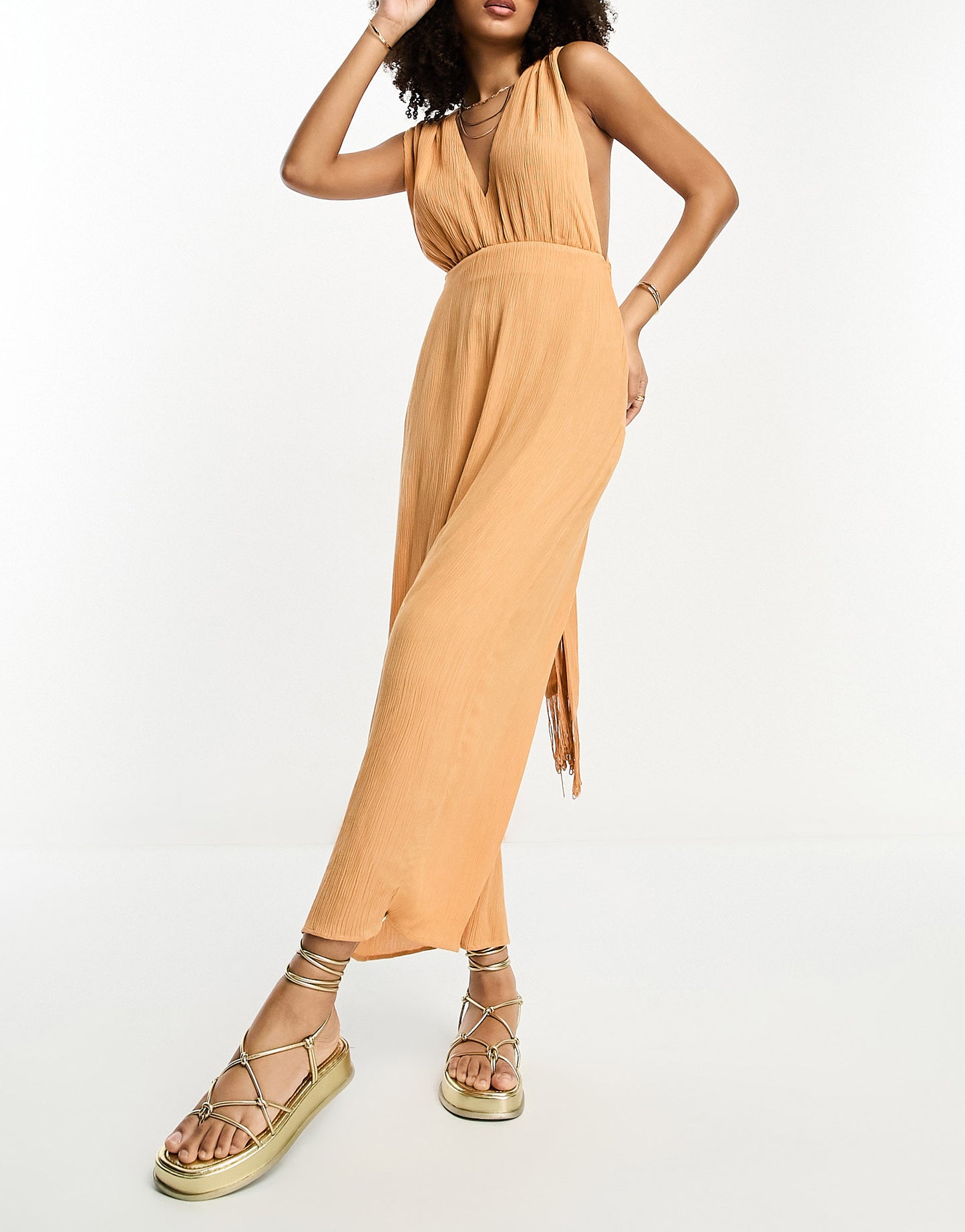 ASOS DESIGN crinkle plunge midi sundress with wrap waist detail and fringe tie in camel