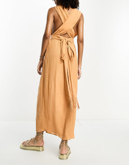 ASOS DESIGN crinkle plunge midi sundress with wrap waist detail and fringe tie in camel