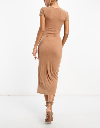 ASOS DESIGN short sleeve midi dress with cut out bodice in taupe