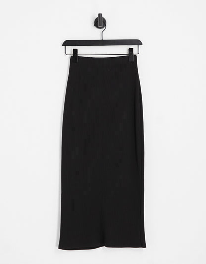 Pull&Bear ribbed midaxi skirt in black