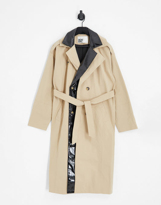 IIQUAL unisex belted trench coat with leather detail in beige