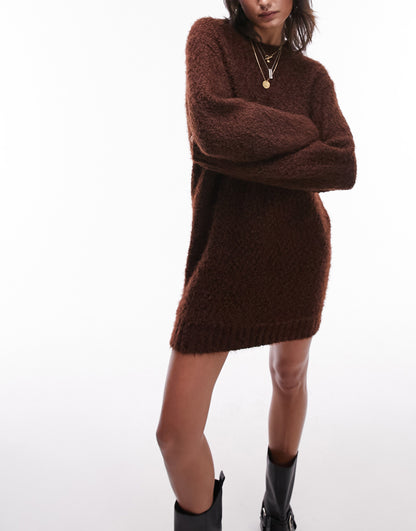 Topshop knitted boucle crew neck mini dress in chocolate